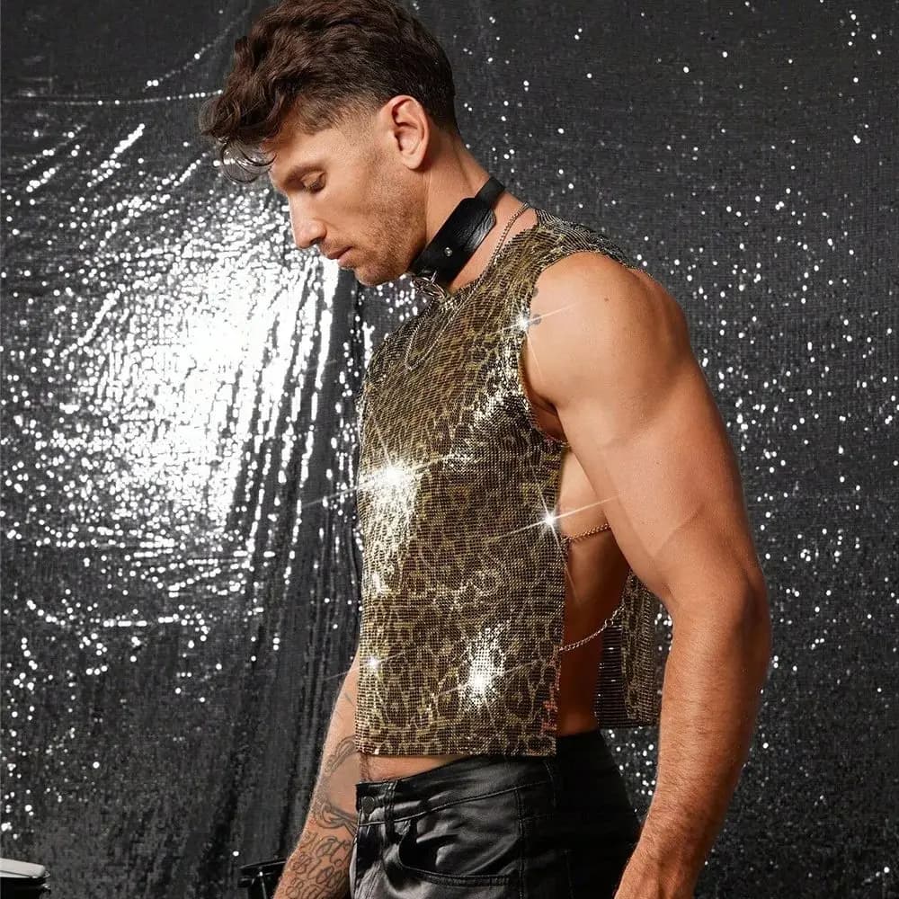 European & American Men's Leopard Print Cutout Tank Top Metallic Sequined Fitted T-Shirt Sexy Slim-Fit Crew Neck Top