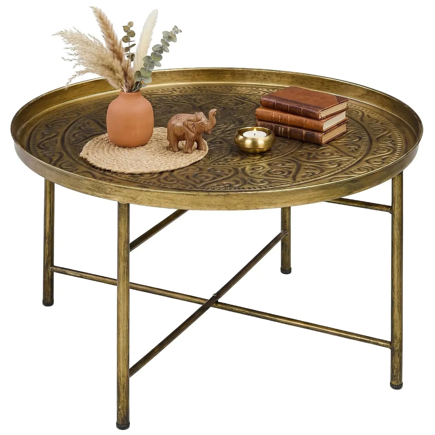 24" Hammered Round Coffee Table Vintage Metal Side Table Gold