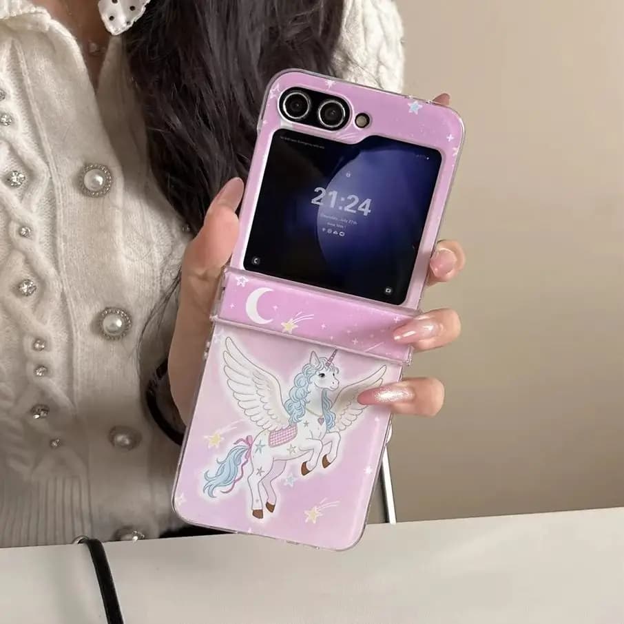 Kawaii Fantasy Cartoon Unicorn Starry Printed Phone Case for Samsung Galaxy Z Flip 7-3 Pink Crystal Bead Strap Protective Cover