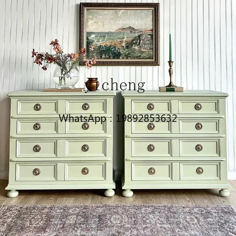 D1French Style Mint Green Solid Wood Drawer Bedside Storage Cabinet Home Bedroom Storage Cabinet