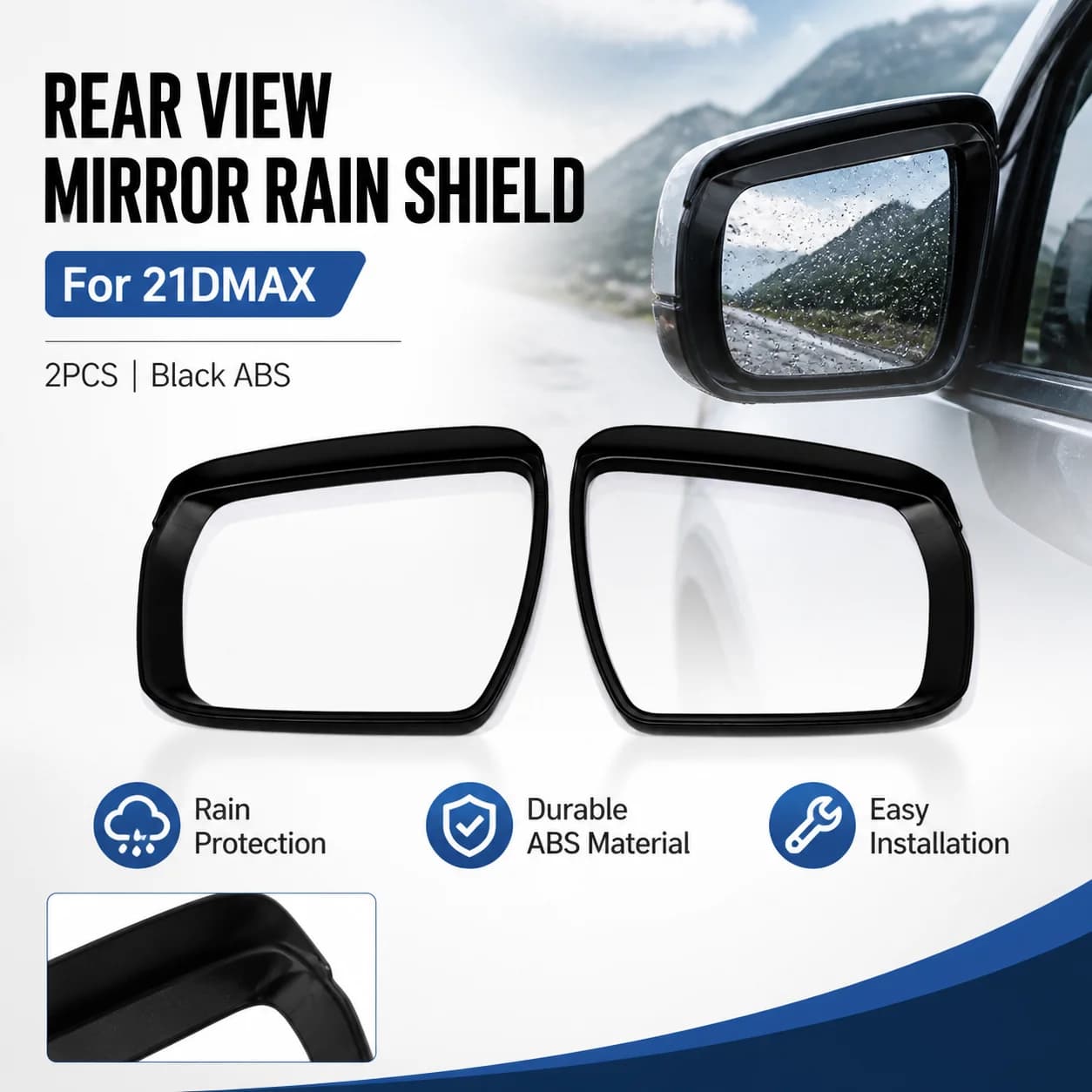 2pcs 21DMAX Rear View Mirror Rain Shield, Black ABS