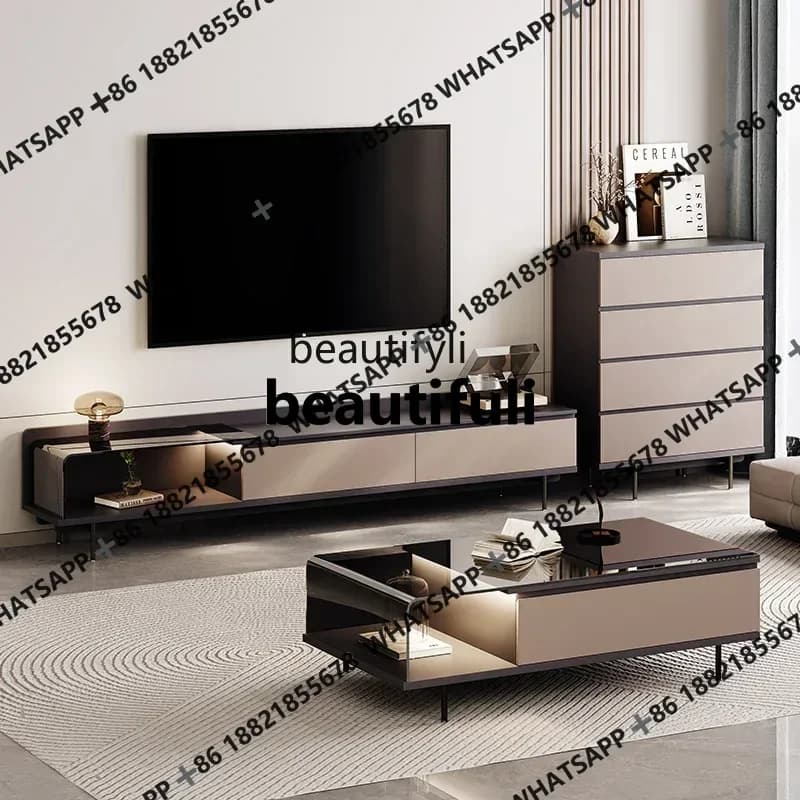 xz1Italian minimalist floor TV cabinet coffee table combination high-end solid wood living room TV cabinet with curved glass