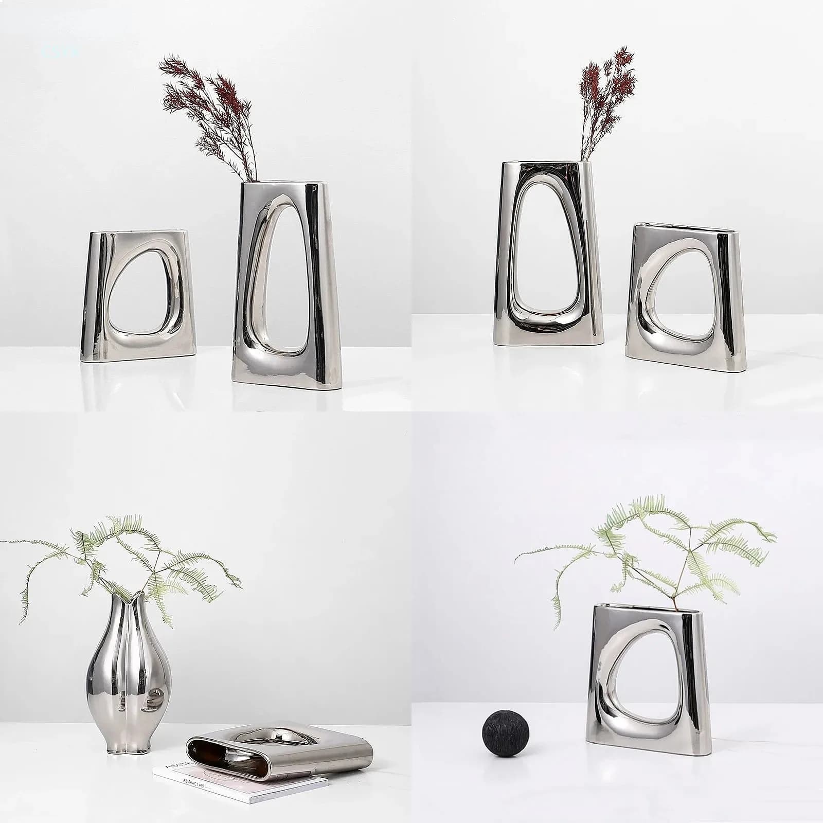 Ceramic Vase Silver Box Hollow Geometric Flower Vases Floral Arrangement Accessories Ceramic Handicraft Home Decoration