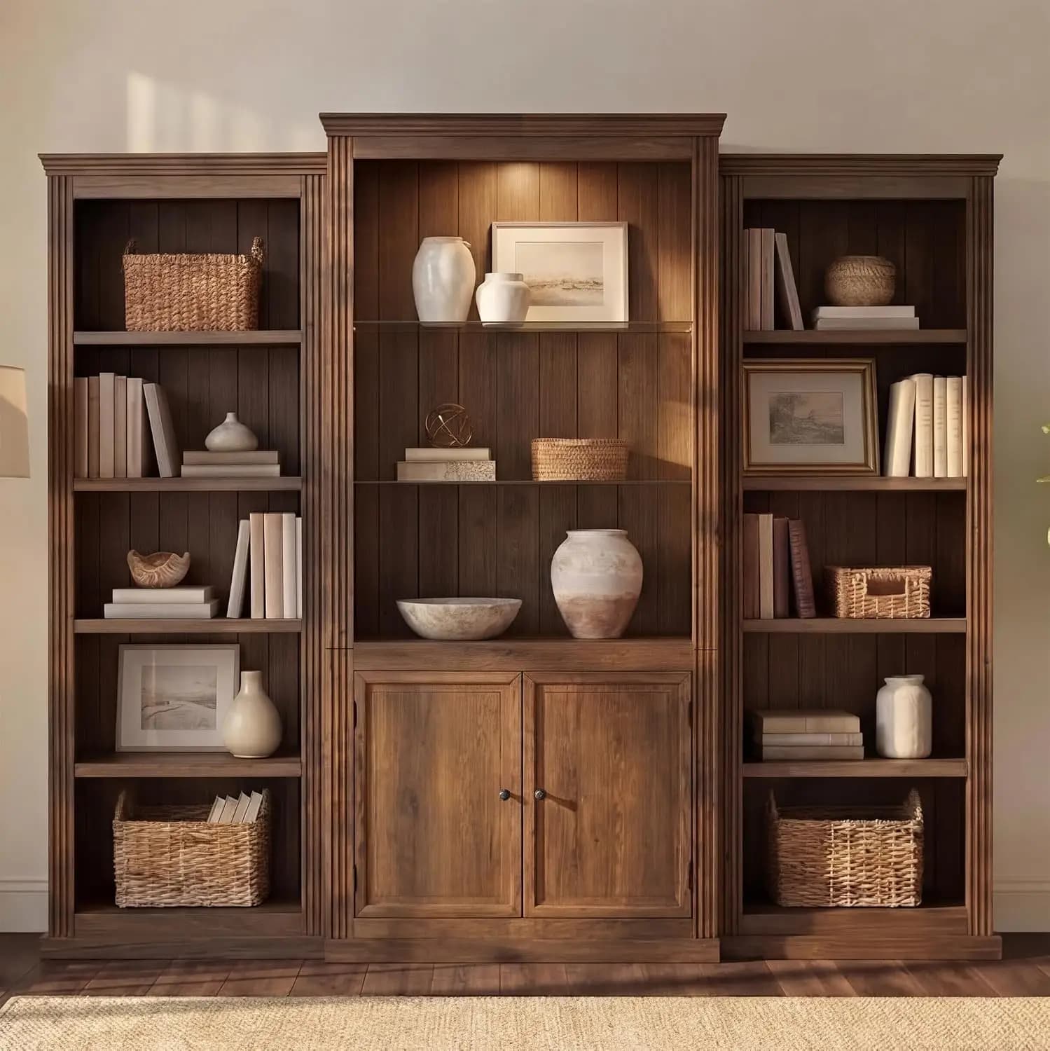3-Pieces Brown Bookcase Collection Display Cabinet Tall Bookshelf
