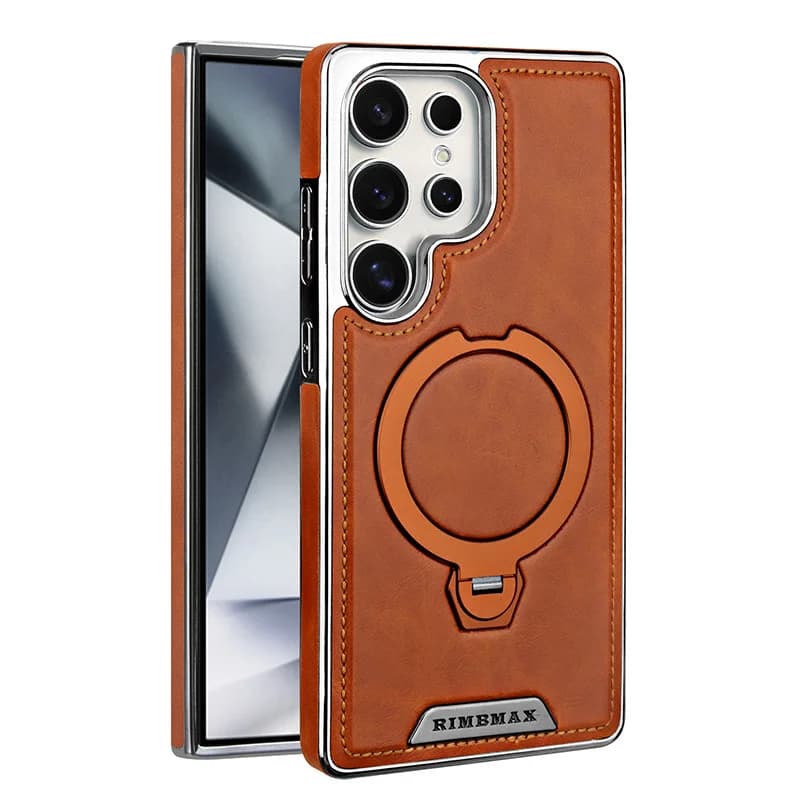 Magnetic Rotating Bracket Luxury Leather Case For Samsung Galaxy S23 S24 S25 S26 Ultra Plus Wireless Charging Shockproof Cover