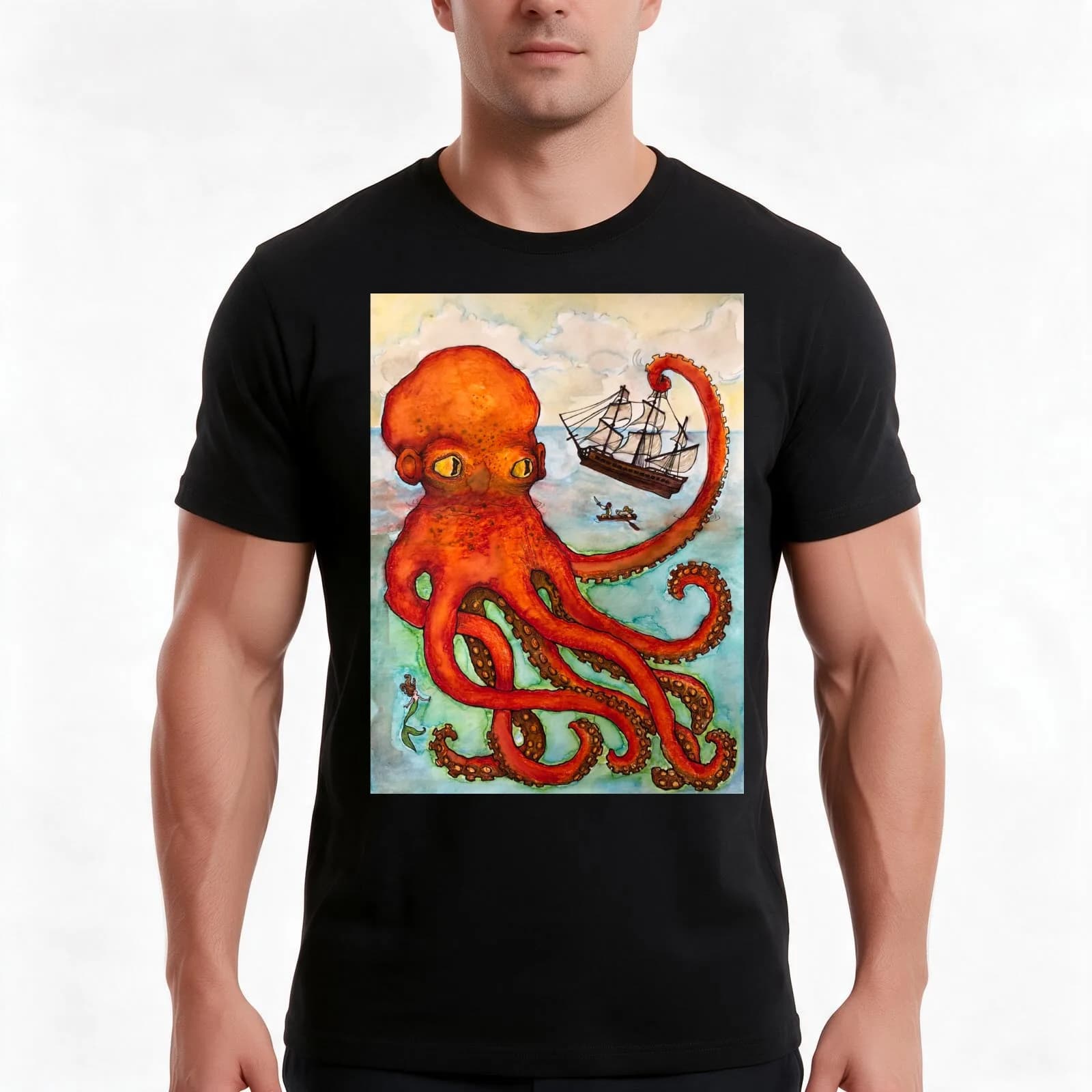 Attack of the Kraken T-Shirt, Summer Casual Cotton Tee, Oversized Streetwear Tops, Vintage Graphic Print, Loose Fit Short Sleeve