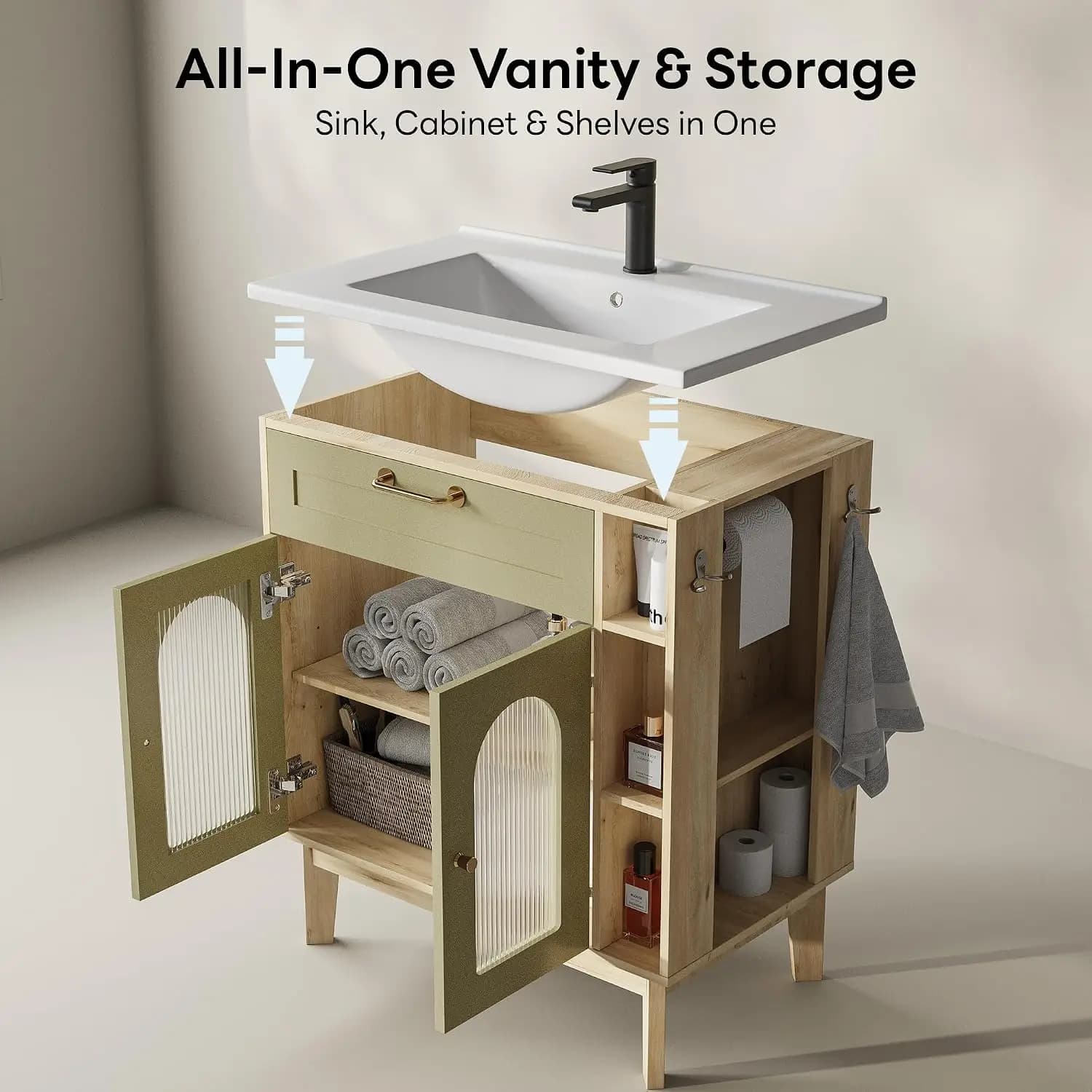 30 inch Bathroom Vanity with Sink, Bathroom Vanities Cabinet with Ceramic Sink, Arched Glass Door Storage, Customized