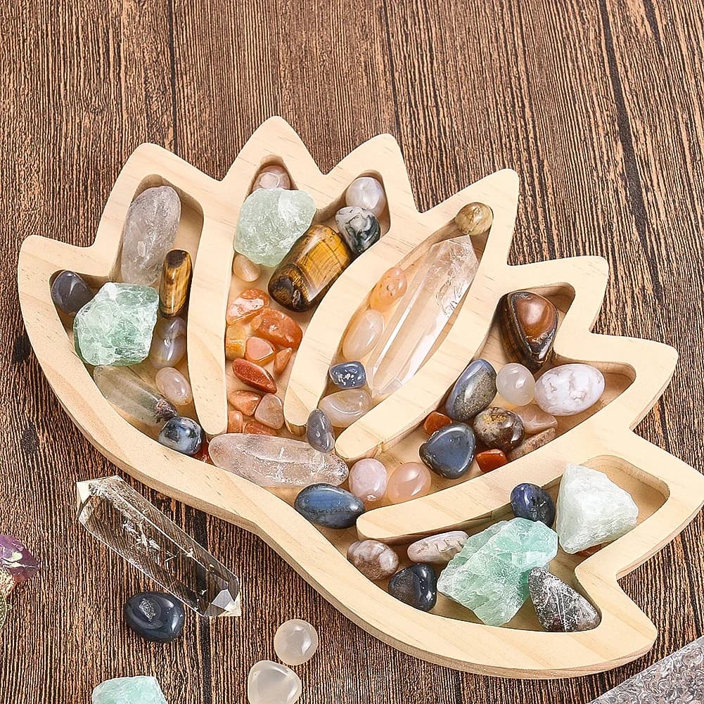 1PC Wooden Lotus Crystal Tray Stone Crystal Rack Display Storage Box Bowl Home Decoration Accessories Para Casa E Decoração