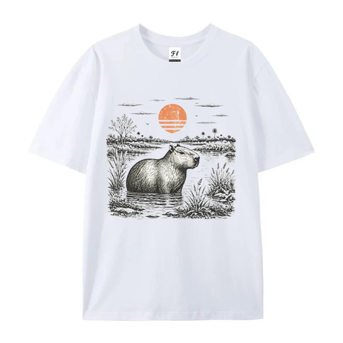 Vintage Capybara Graphic T‑Shirt Retro Engraved Wild Animal Sunset Wetland Print Tee Casual Nature Lover Short Sleeve Tops