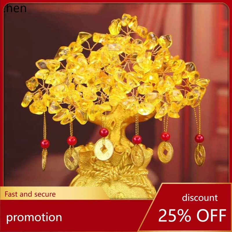 HT Lucky Tree Wealth Yellow Crystal Tree Natural Money Tree Ornaments Bonsai Style Wealth Luck Feng Shui Ornaments Craft