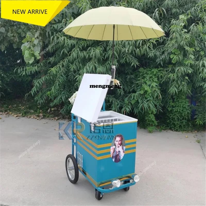 Ice Cream Push Carts with Freezer Mini Gelato Refrigerator Cart Hand Push Ice Cream Trolly
