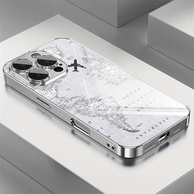 Creative Grey Map Plane Flight Print Pattern Electroplate Phone Case For Samsung Galaxy S25 S24 S23 Ultra Plus FE Glass Cover