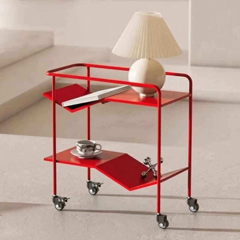 Modern Metal Red Rolling Cart Dopamine Style Mobile Storage Organizer for Small Space Coffee Table Creative Iron Art Side Table