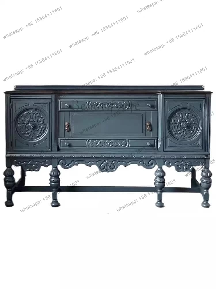 French retro solid wood porch partition cabinet European storage decoration engraved dining side cabinet