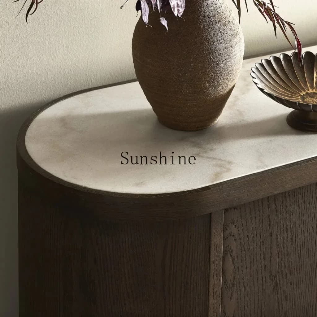 American retro curved solid wood dining side cabinet storage cabinet small apartment living room sliding door  FT