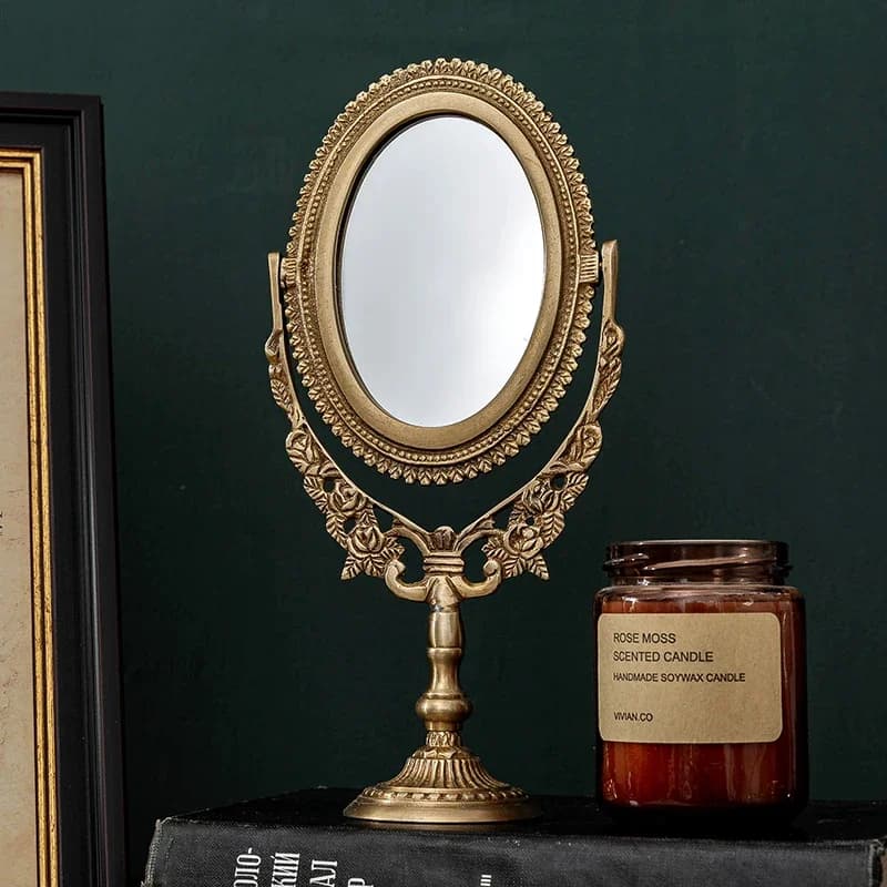 European Style Retro Brass Metal Cosmetic Mirror Craftsmanship Ornament Light Luxury Carved Desktop Decorative Vanity Mirror