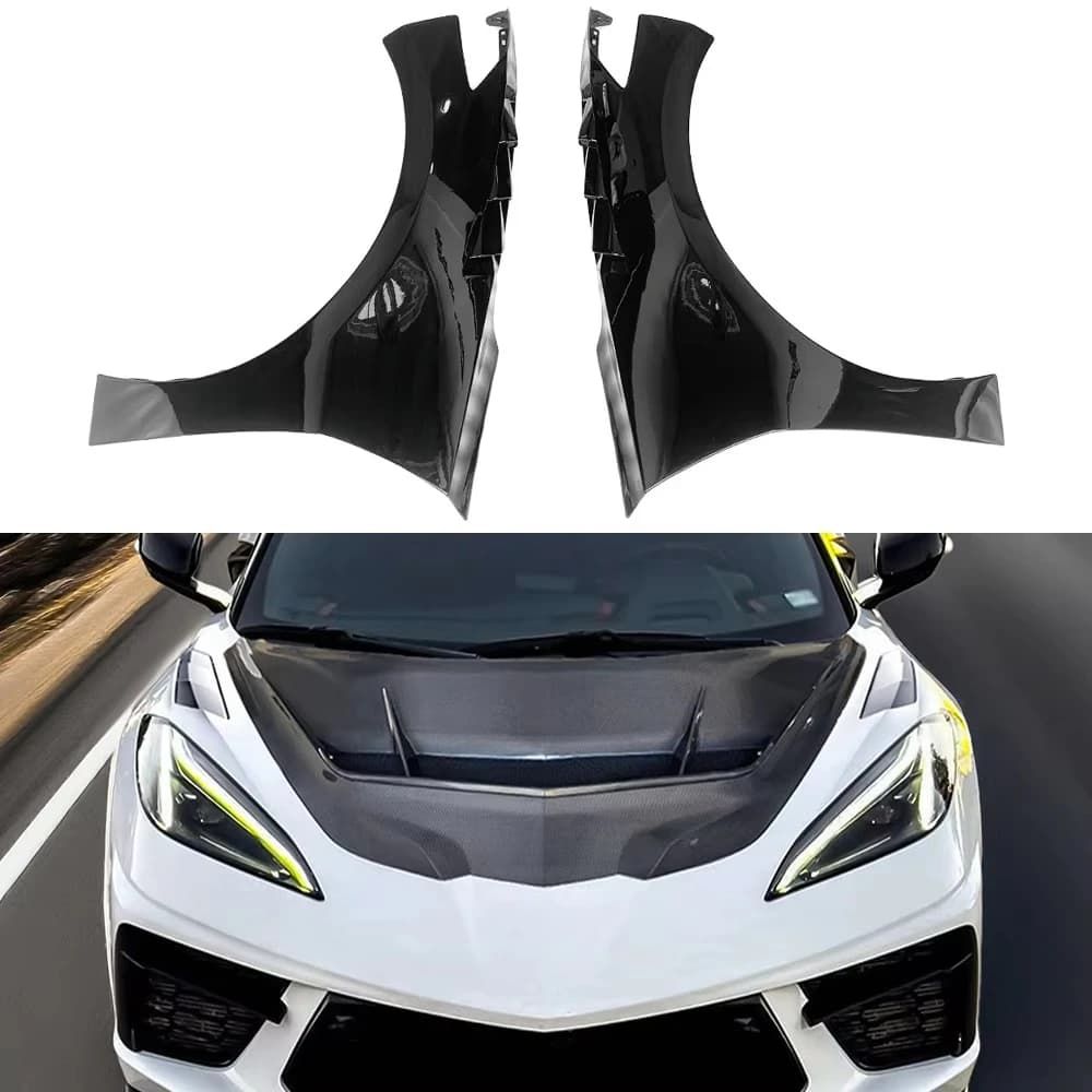 Glossy Black Fiberglass Front Side Fenders Fit 2019+ Chevrolet Corvette C8 Stingray Z51 Exterior Body Upgrade Panels