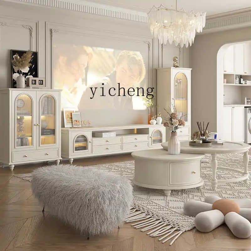 DSA TV high and low cabinet combination solid wood storage display cabinet living room against the wall household white
