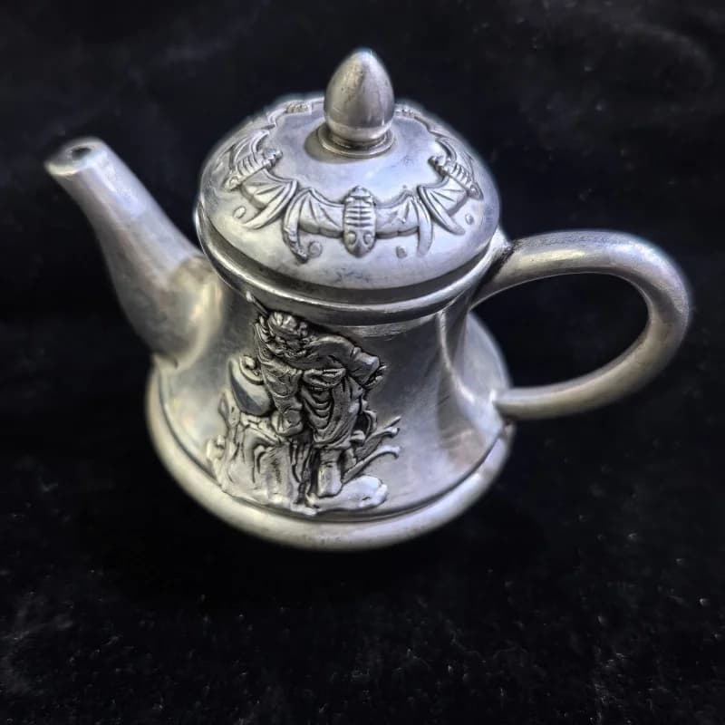 Antique Crafts Antique White Copper Five Blessings Zhongkui Teapot Tea Set Home Desktop Retro Crafts