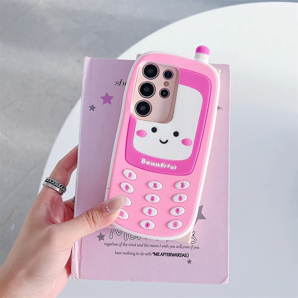 S26 Ultra Kawaii Trendy 3D Pink Retro Smiling Phone Case for SamSung Galaxy S25 S24 S23 A57 A56 Soft Silicone Protect Cover