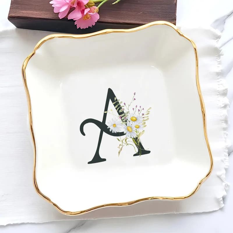 Bouquet A-Z Text Plate Exquisite and Cute Tableware Beautiful Cartoon Plate Ceramic Oval Dessert Plate