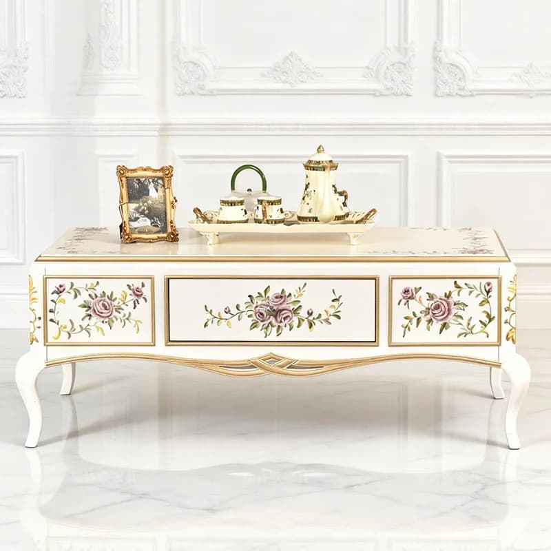 CX Vintage Hand-Painted Floral Coffee Table European Style Gilded Carved Living Room Tea Table