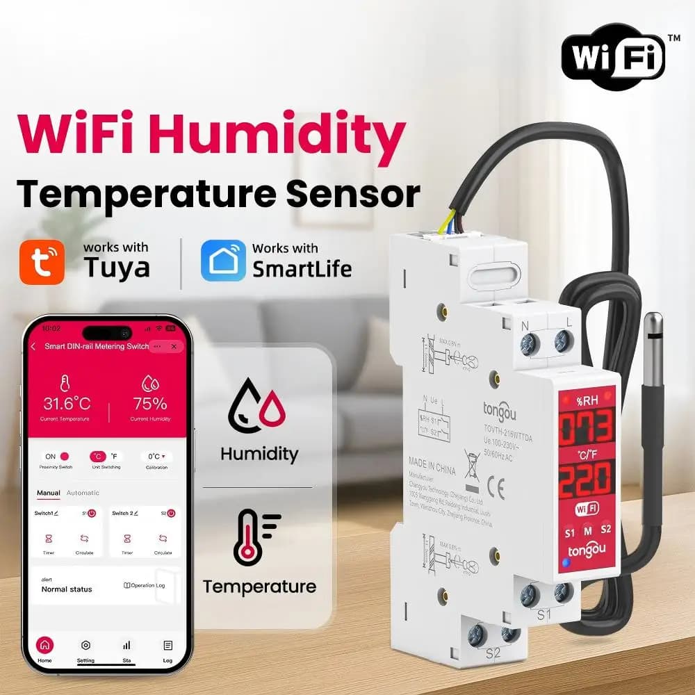 Tuya Smart WiFi Switch Temperature and Humidity Sensor Din rail 18mm 2-Gang Timer Remote Control Monitoring Switch Smart Life