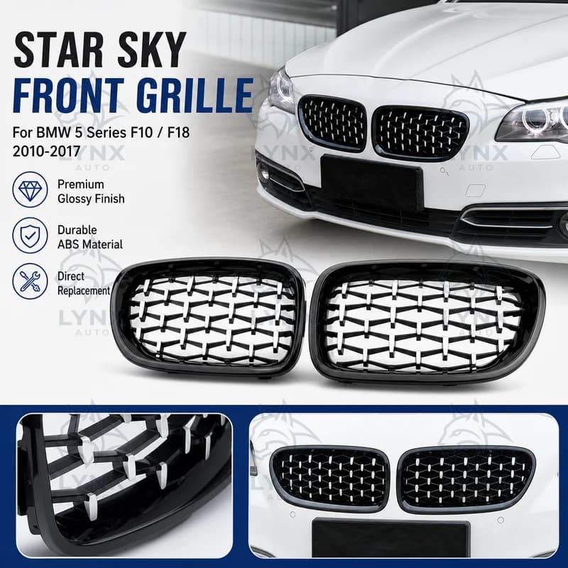 For BMW 5 Series F10 F18 2010-2017 Half Silver Star Sky Front Mesh Grille Glossy Black Frame Silver Dot Aftermarket
