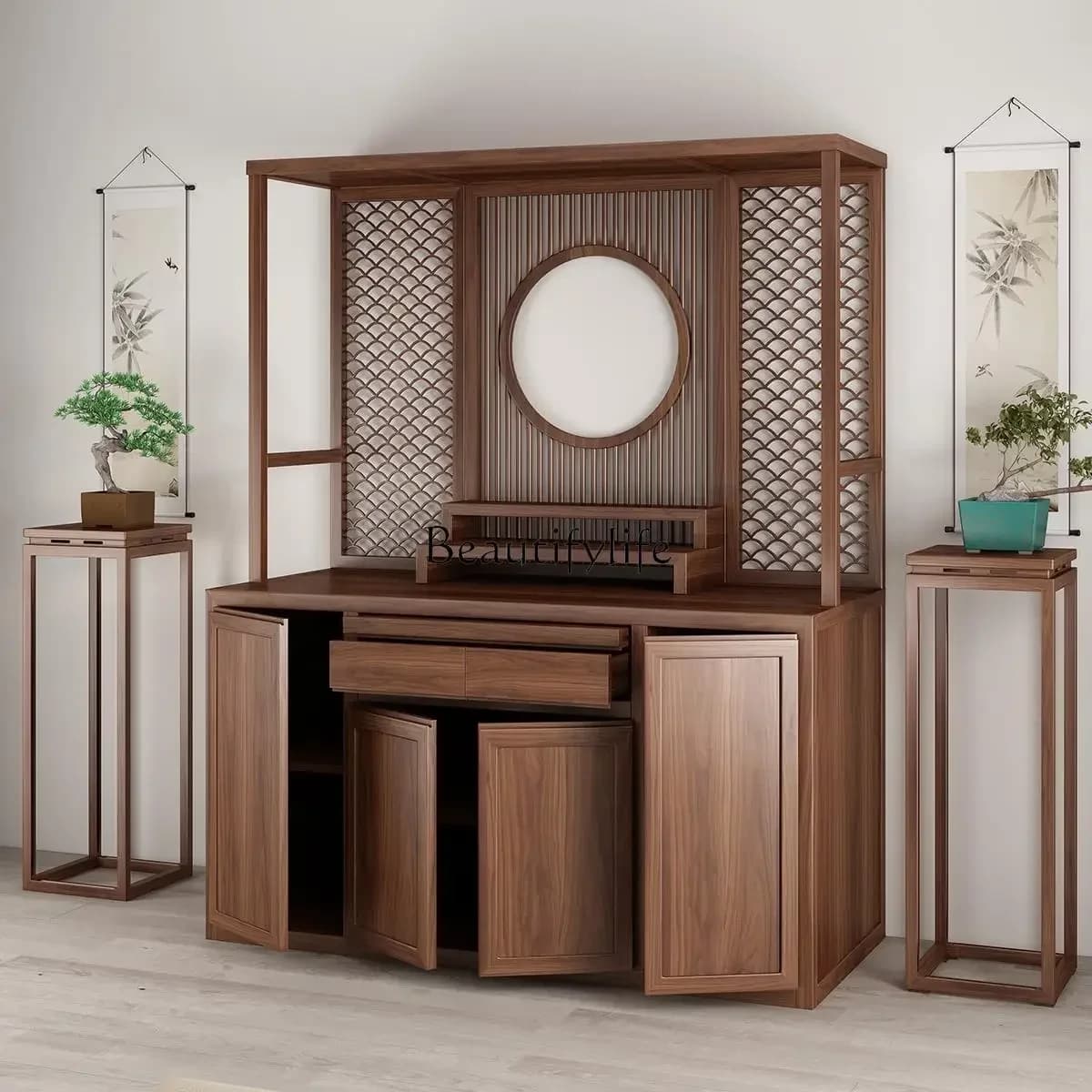 06Buddhist niche new Chinese vertical cabinet black walnut solid wood Buddhist hall Dashenlou Buddha statue cabinet
