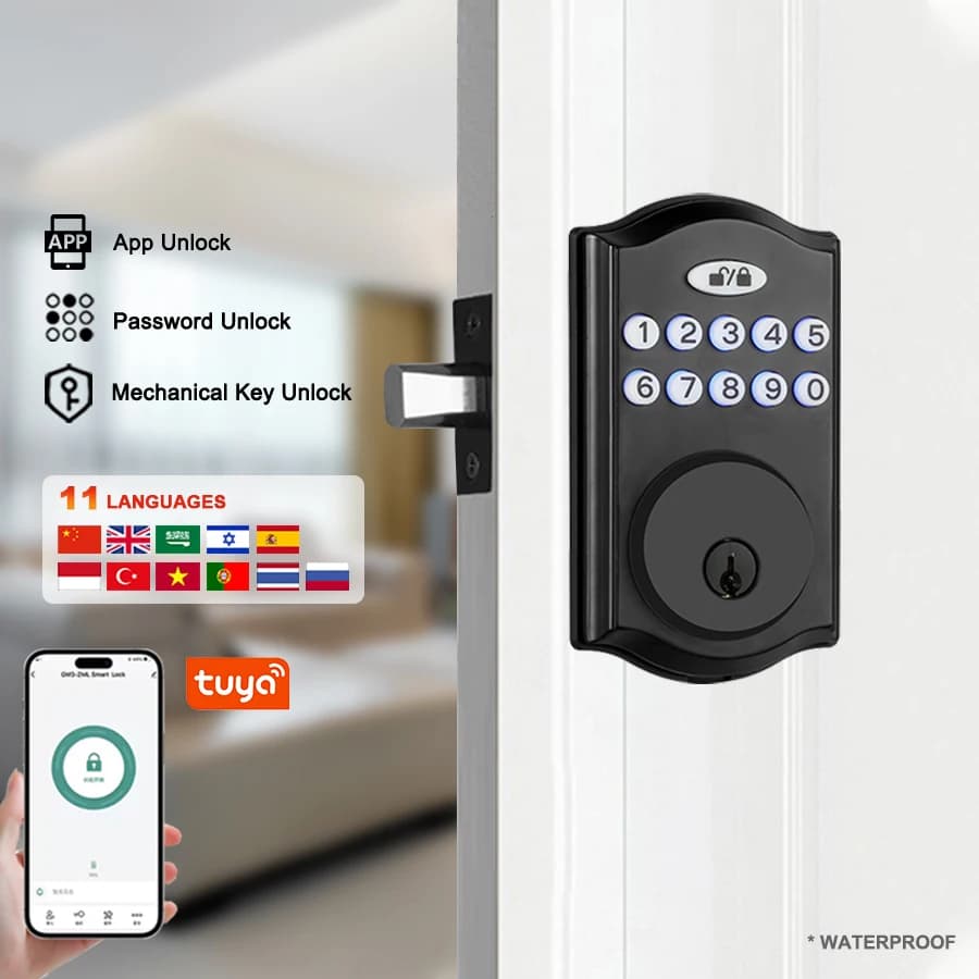 American Type Password Deadlock Small Waterproof   App Smart Digital Push Button Door Deadbolt Locks with Key