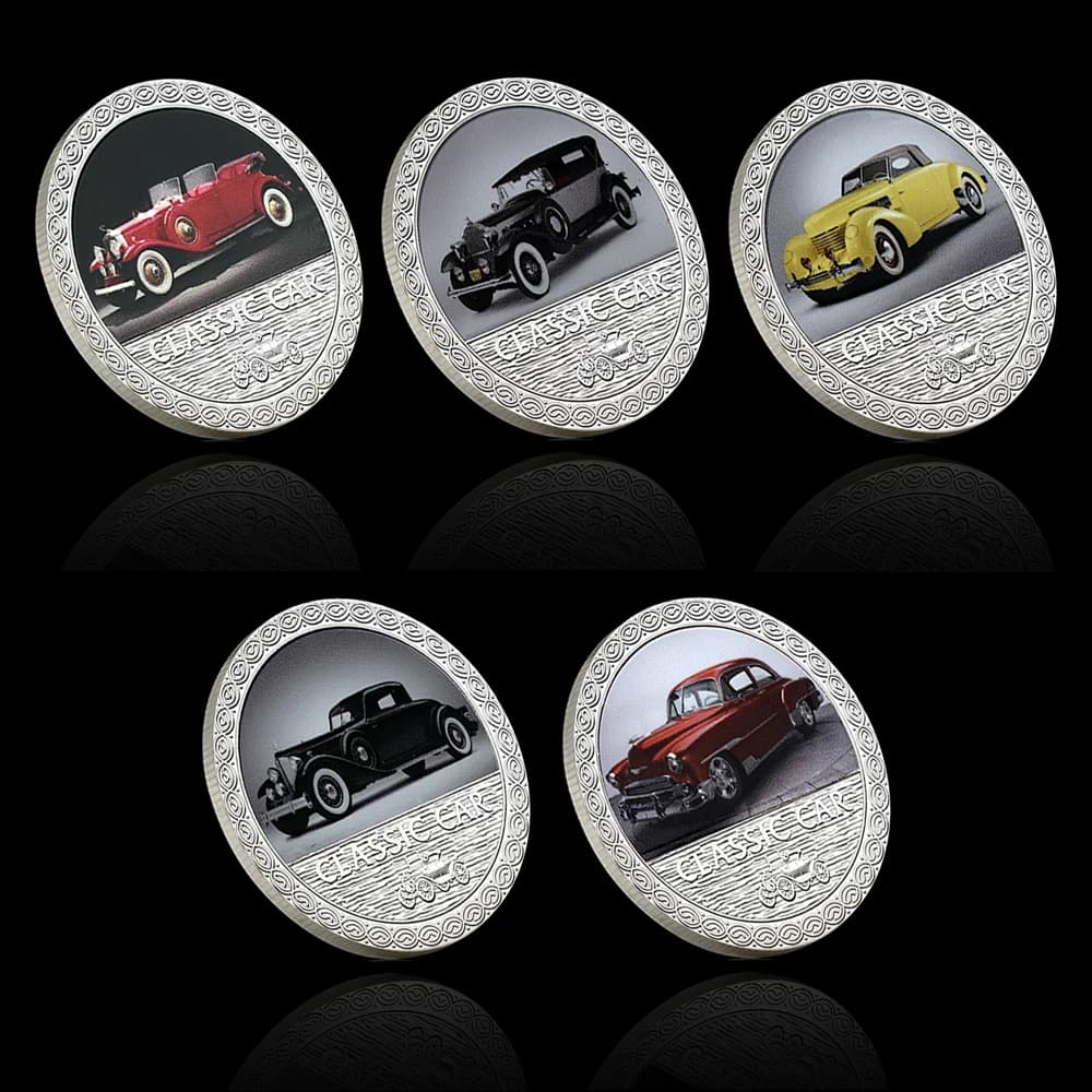 5Pcs Classic Car Commemorative Challenge Coins Set - Vintage Antique Vehicle Collectible Souvenir Medals 40mm