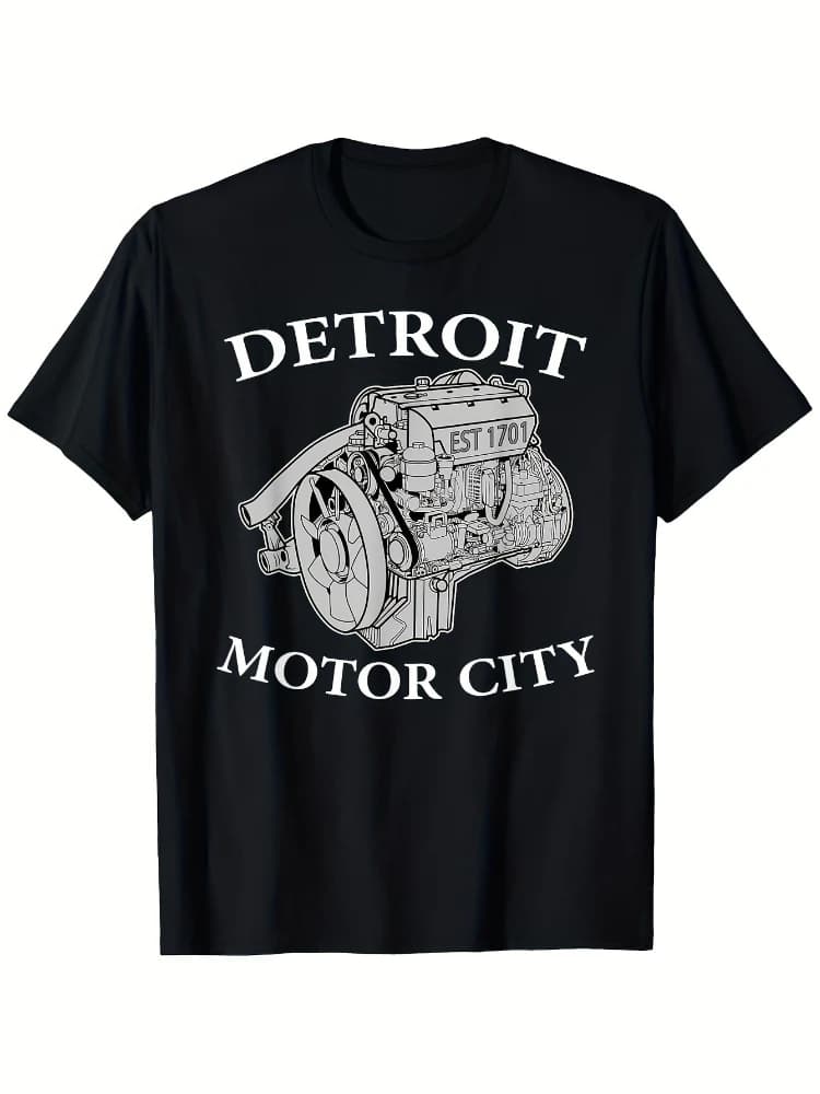 Vintage Detroit Motor City Car Enthusiast with Big Block V8 Engine Design-100% cotton O-neck short sleeve printed men's T-shirt.