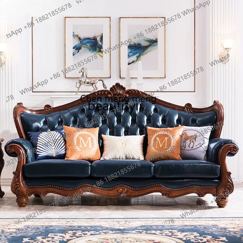 X Leather sofa solid wood living room, retro sofa light luxury large apartment first layer cowhide