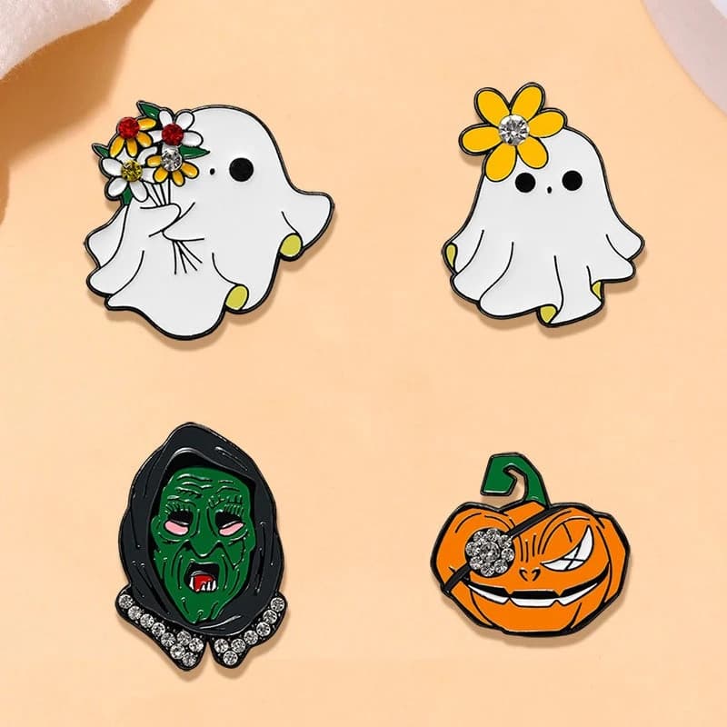 Cartoon Halloween Ghost Pumpkin Demon Shape Brooch Alloy Dropping Oil Rhinestone Badge Pin For DIY Clothing Bags Hat Decoration