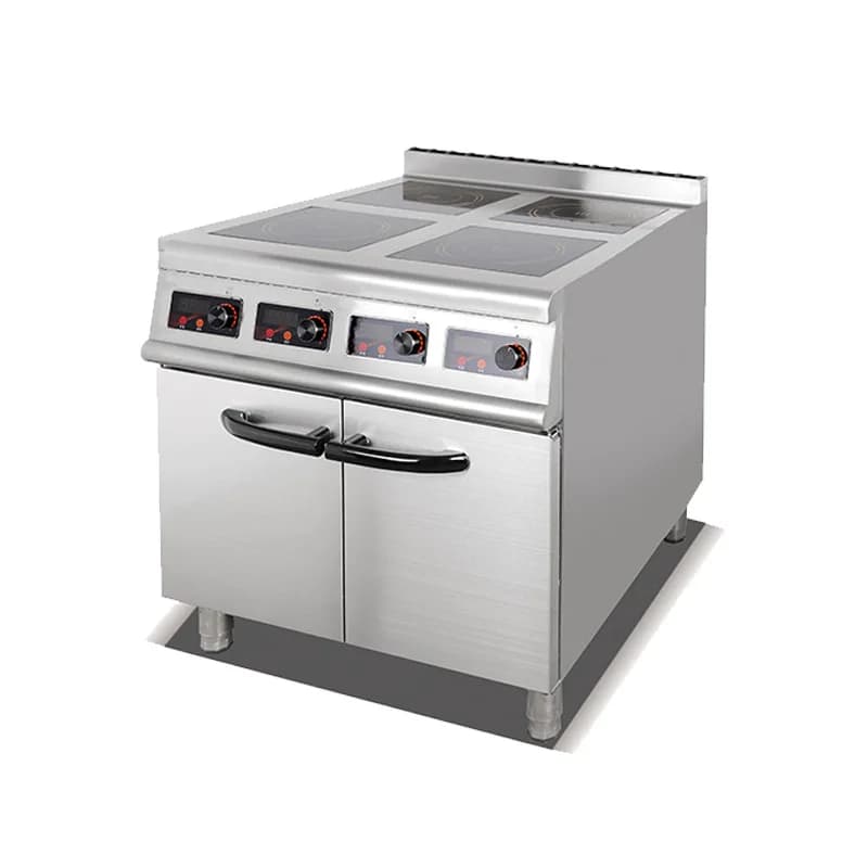 Commercial vertical four-head induction cooker equipment Cooking stove with oven cabinet seat
