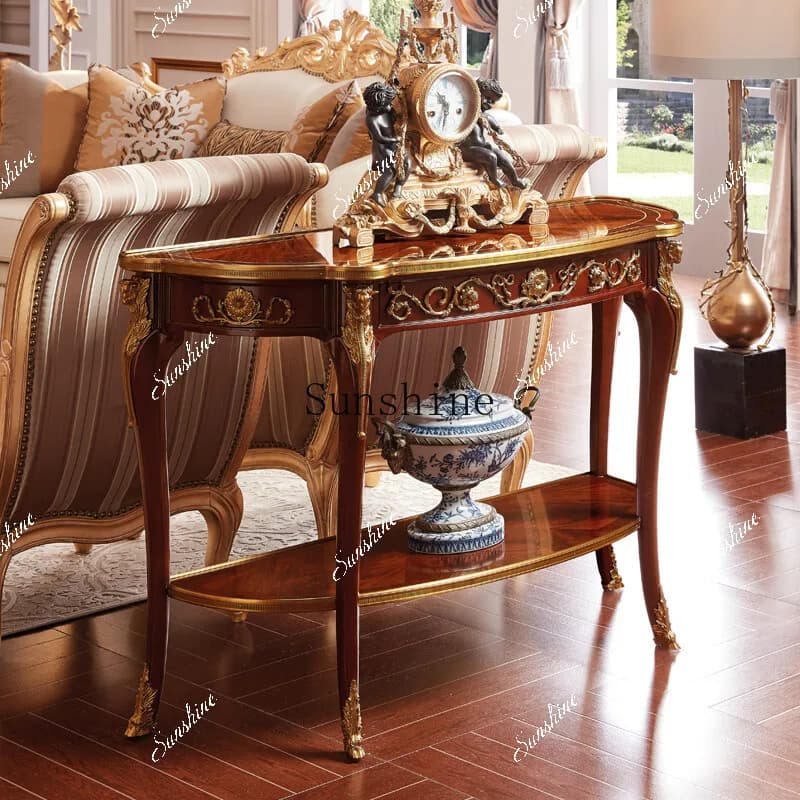 Mahogany copper pieces, foyer, living room, luxury classical sofa back, a few porch tables  FT
