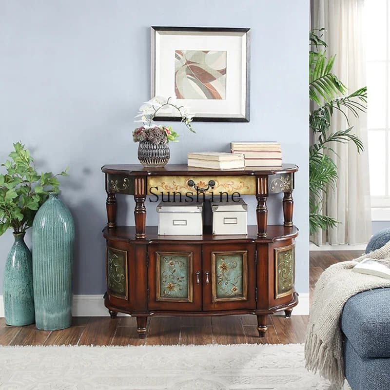 American villa entry semi-circular entrance table storage solid wood living room decorative cabinet       FT