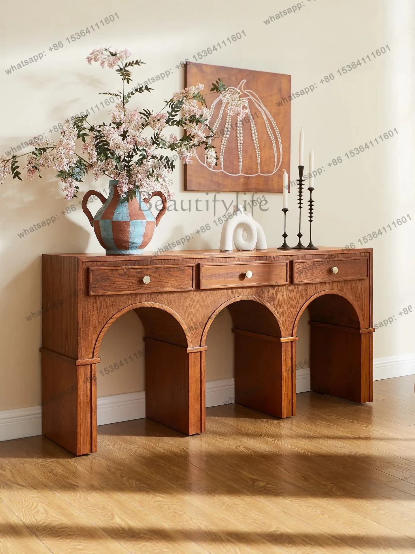 French retro arched entrance table solid wood against the wall living room corridor decoration table