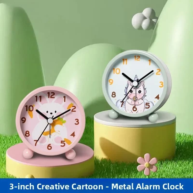 Cute Cartoon Children's Alarm Clock Metal Pointer Night Light Student Bedside Quiet Table Clock Creative Quartz Movement