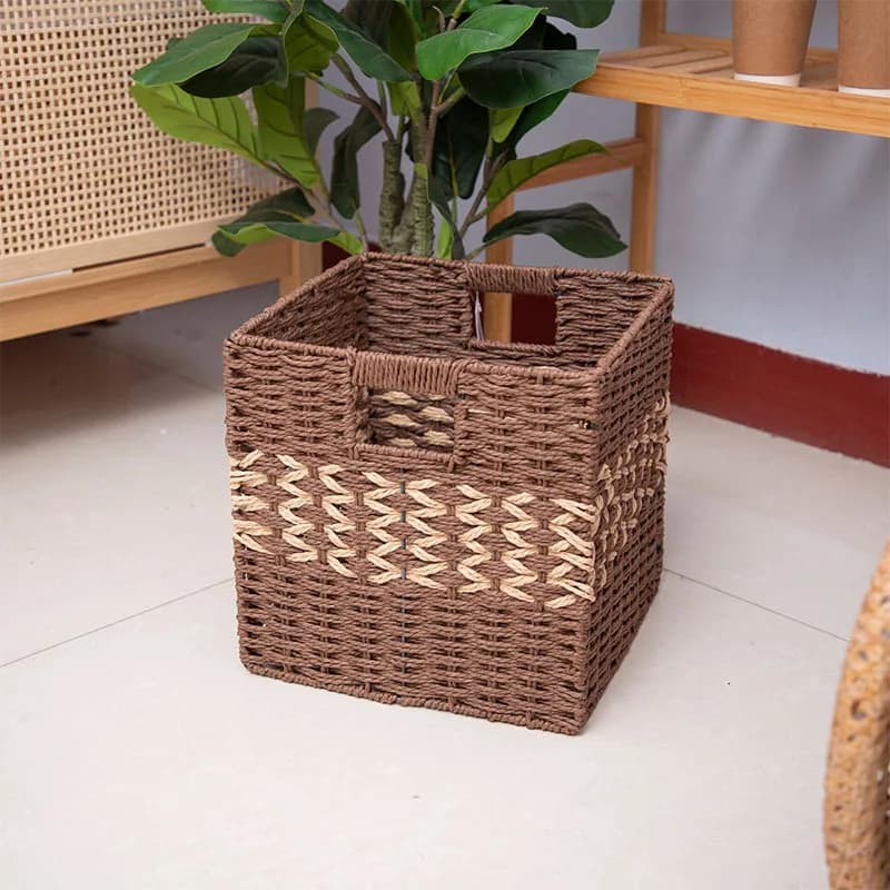 HYS Foldable Paper Rope Square Basket Color Matching Snacks Books Toys Storage Basket Household Lattice Cabinet Drawer Storage