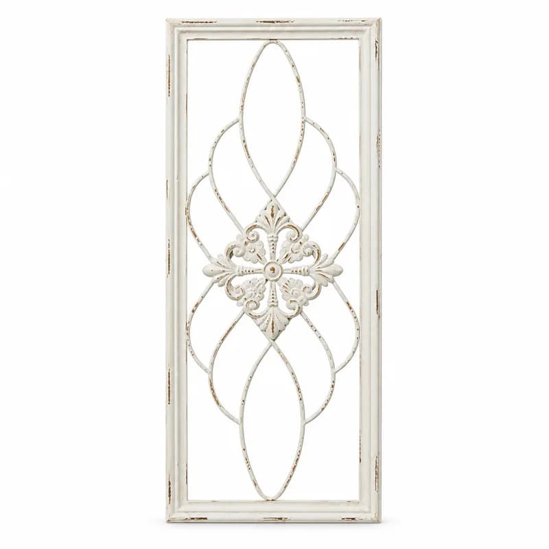 Vintage French Iron Wall Decor, Distressed White MDF Frame with Ornate Floral Scrollwork, Farmhouse Wall Art Panel