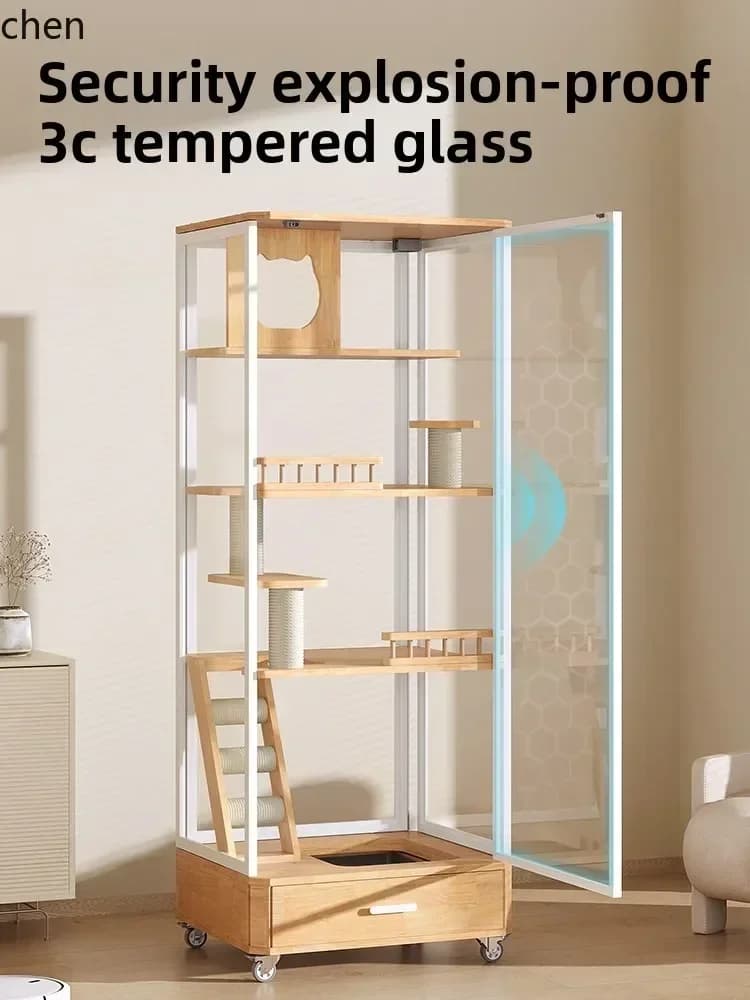Gz-18  Solid Wood Cat Cabinet Space-Saving Panoramic Glass Cat Villa with Drawer Cat Litter Box