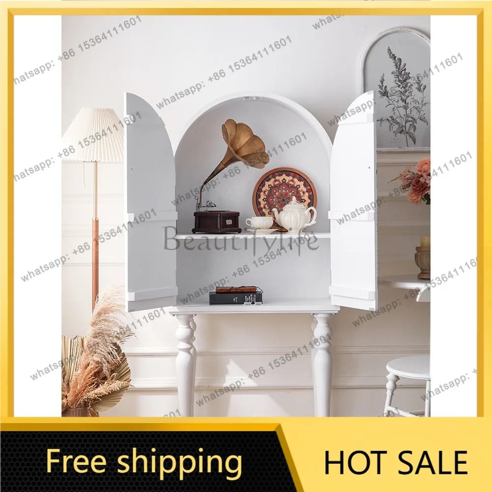 LD French Vintage Half-Wall Storage Cabinet for Living Room Carved White High-Leg Decorative Cabinet Solid Wood