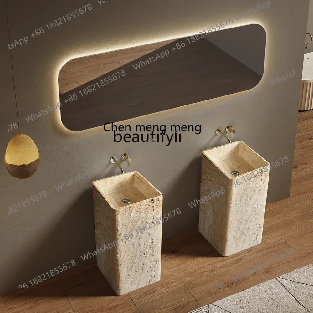 B178 cqyMedieval style square beige travertine integrated forming floor washing hand washing face column basin villa hotel bed c