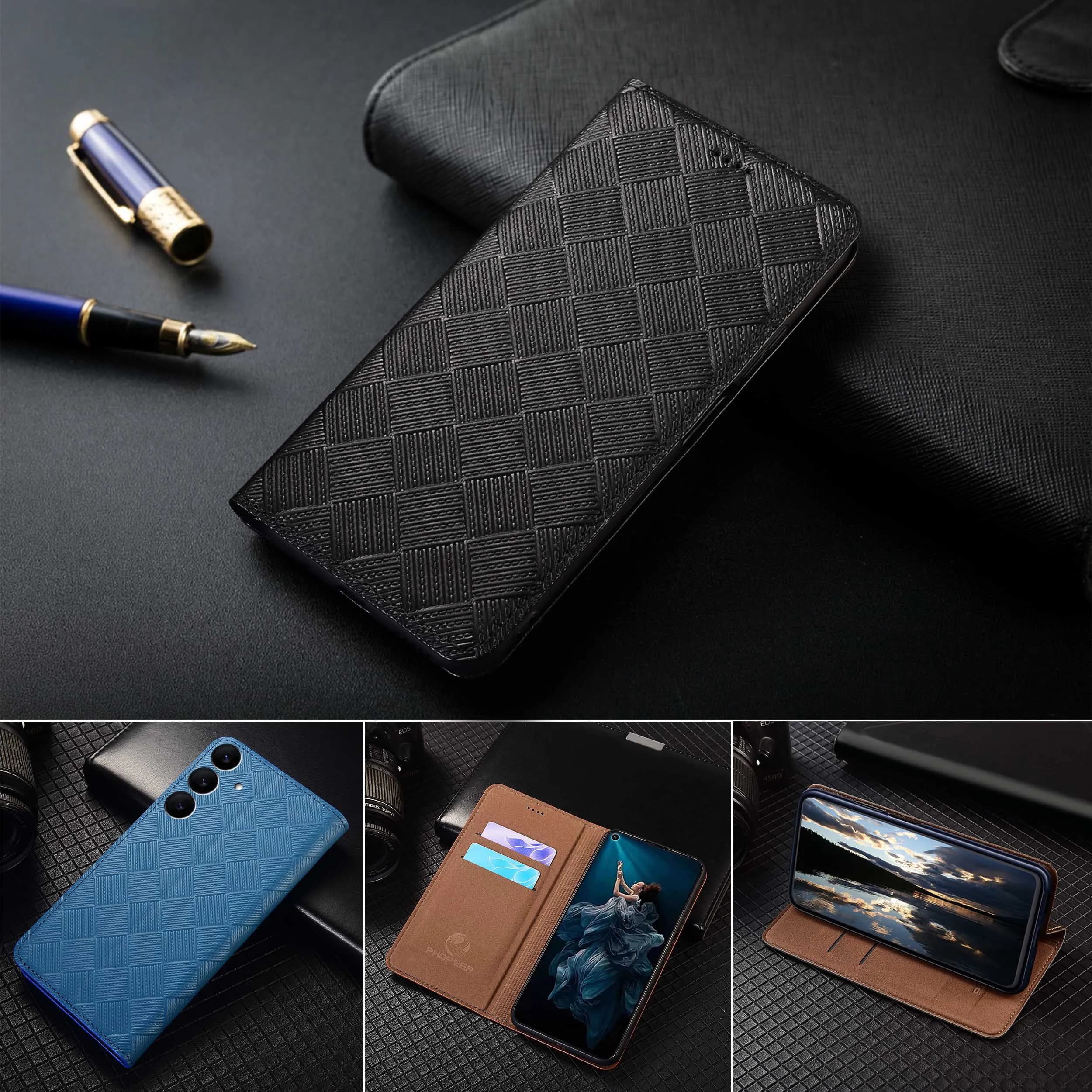 For Samsung Galaxy M13 M23 M33 M53 M55 M14 M15 M34 M54 4G 5G Knit Pattern Genuine Leather Wallet Flip Phone Cover Case Cowhide
