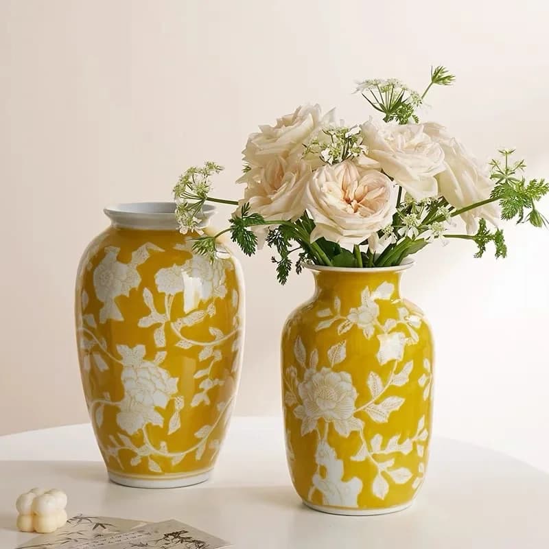 Ceramic Vase Chinese-style Retro Bottle Yellow Blue and White Porcelain Flowerpot Flower Vase Home Decoration Accessories