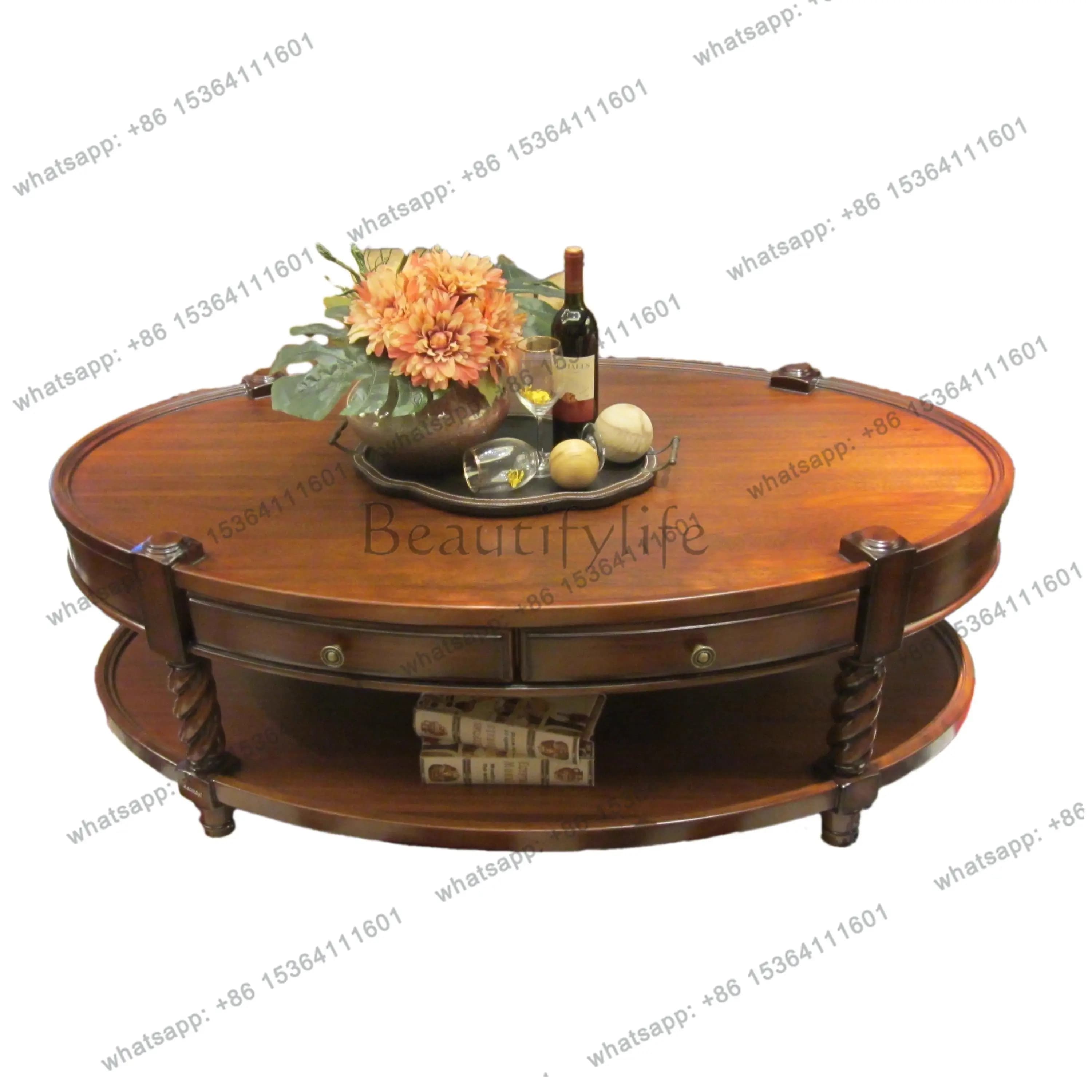 American solid wood retro round coffee table medieval double-layer storage retro walnut