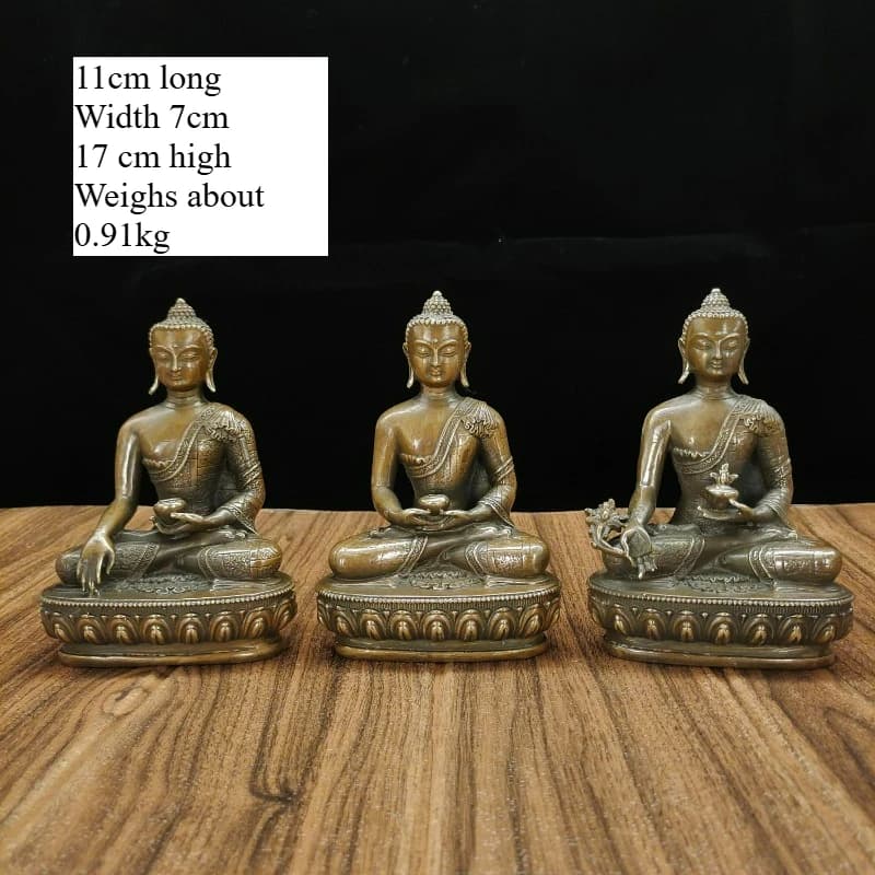 17 Cm Tall Antique-style Aged Bronze Three-Life Buddha Statue with Lotus Base, Home Decor and Offering Ornament Handicrafts