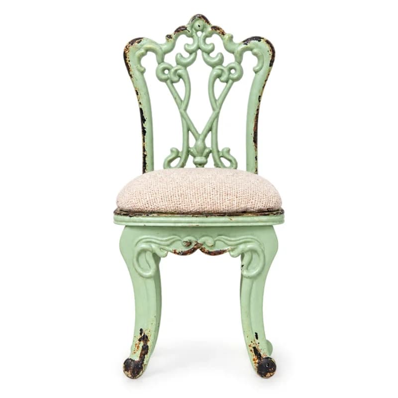 Vintage Mini Chair Jewelry Display Stand, Distressed Metal Ring Holder with Linen Cushion, Shabby Chic Table Decor, 15cm