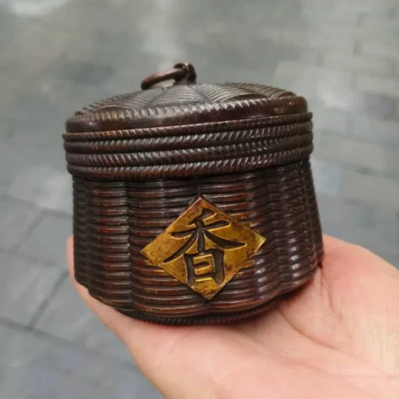 Antique Copper Gilded Collection Relief Tea Jar Imitation Bamboo Weaving Craft Home Tea Ceremony Ornament Vintage Decor